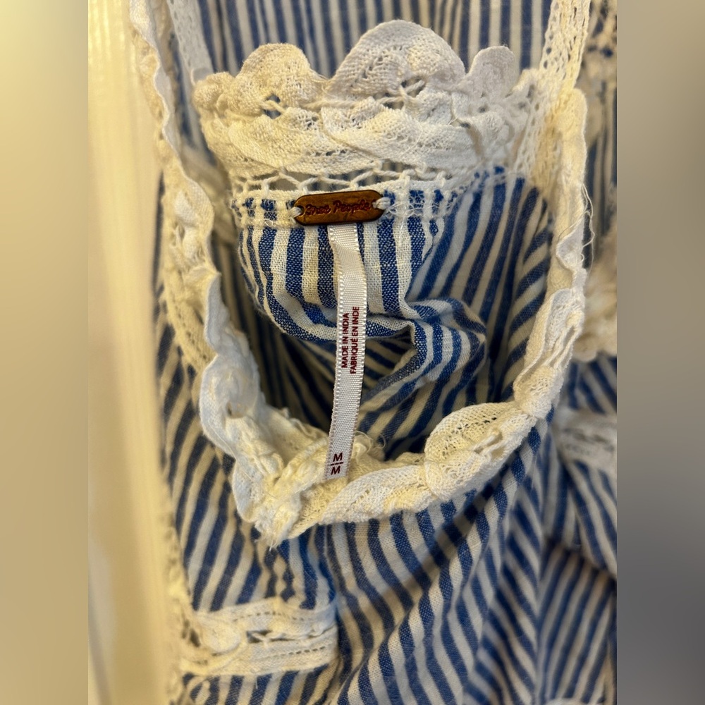 Free People Lace Blue White Stripe Halter Top 100% Cotton Size Medium - Picture 6 of 7